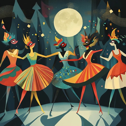 An evocative orchestral piece blending dramatic melodies with festive carnival rhythms, depicting masked dancers moving under moonlight amid the swirling colors and shadows of a midnight festival.