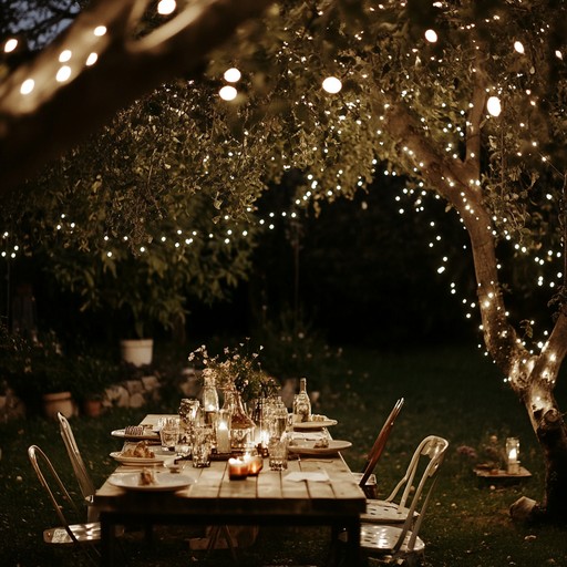 Imagine a whimsical garden party set under a starlit sky. This ambient track combines ethereal melodies with the sound of gentle rustling leaves and distant chimes, creating a serene, dreamy atmosphere. The central instrument, a softly played harp, guides the listener through this celestial garden landscape, evoking feelings of enchantment and childlike wonder.