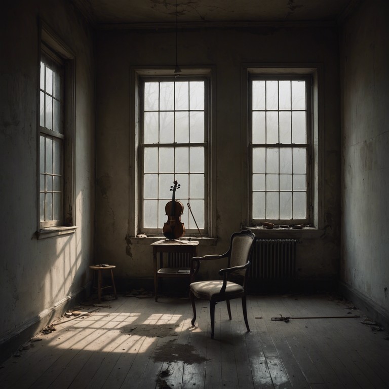 A haunting solo violin piece set within the dusty halls of an antiquated mansion, where every note reverberates tales of the past, uncovering secrets with every pull of the bow. The dynamics rise and fall, like the quiet footsteps of specters lurking just out of sight, creating a profoundly immersive and eerie atmosphere.