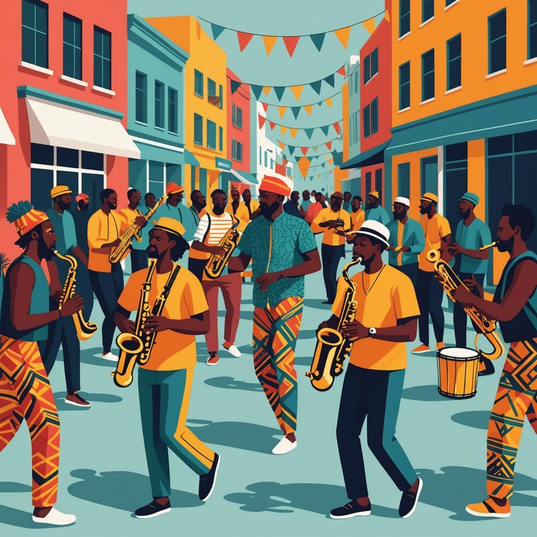 A vibrant track that elegantly blends traditional jazz with afrobeat rhythms, featuring complex drum patterns and a lively brass section, creating an atmosphere of a festive, multicultural gathering.