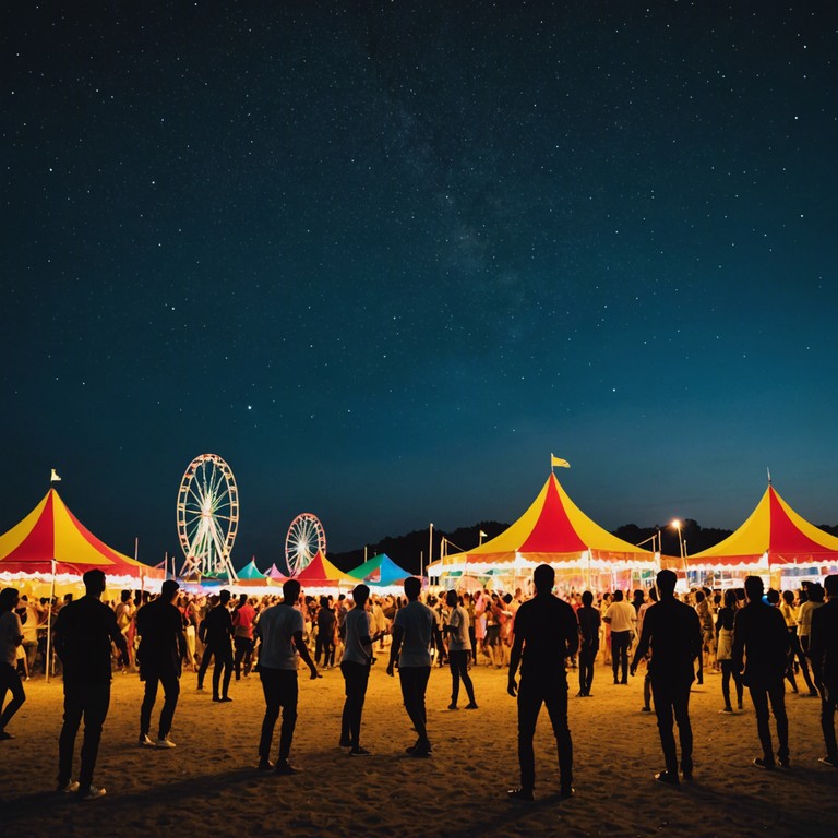 An instrumental track combining the vibrant atmosphere of a traditional carnival with the ethereal essence of cosmic phenomena. Ideal for depicting a festive scene under a starlit sky, where revelers dance to the rhythm of universal harmony. The music features the distinct sound of steel drums, backed by a symphonic arrangement that lifts the spirit and paints a vivid image of a celestial celebration.