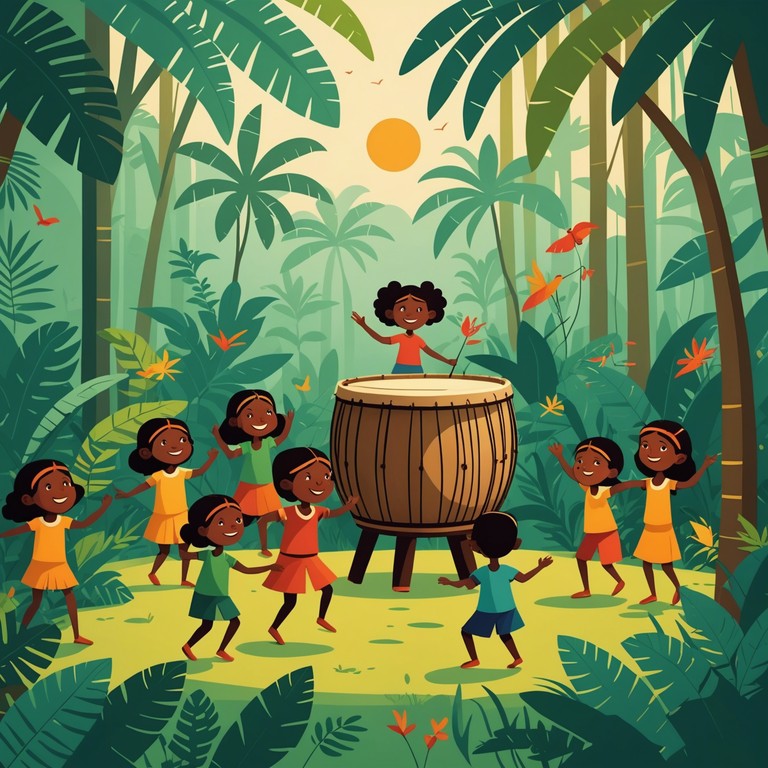 This track merges the raw, earthy sounds of tribal music with the innocent and happy bursts of children’s laughter, creating a playful yet grounding soundscape. The music conveys a sense of adventure and joy, perfect for a light hearted escape into nature. Ethereal and lively, this signature piece uses native instruments to produce a rhythmic and engaging experience, evoking images of a sunlit jungle teeming with life and color.