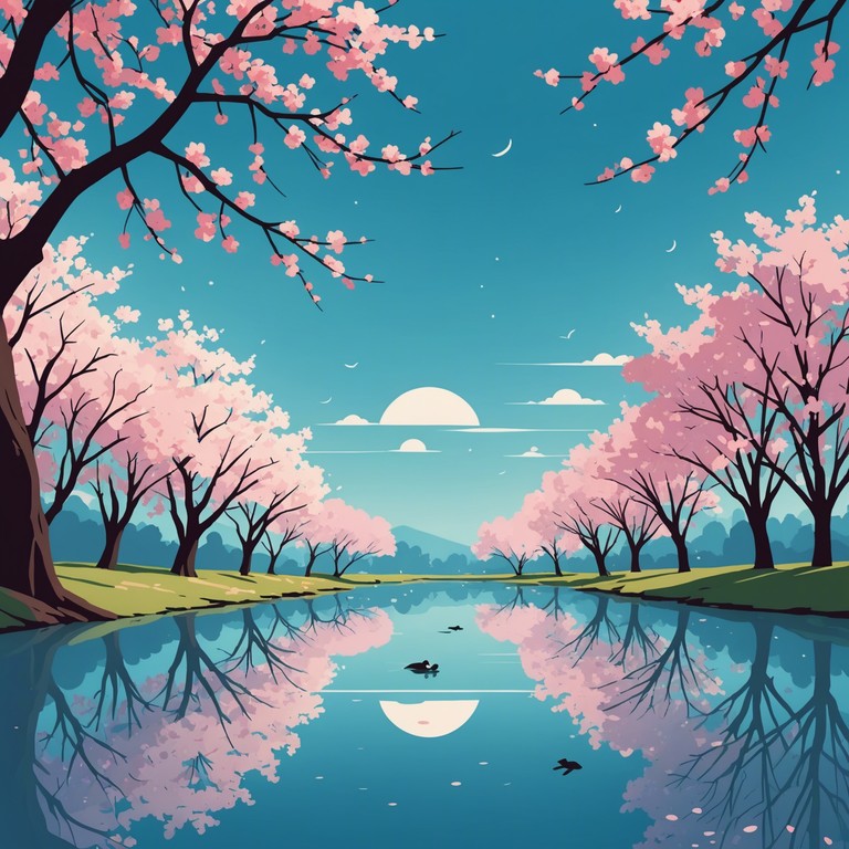 Imagine a serene, mid spring setting where sakura petals gently fall, each touching the tranquil pond causing ripples that merge into a harmonic melody. This music mirrors the calm yet profound beauty of a sunlit japanese garden during sakura season, with each note resonating like the quiet whispers of nature.