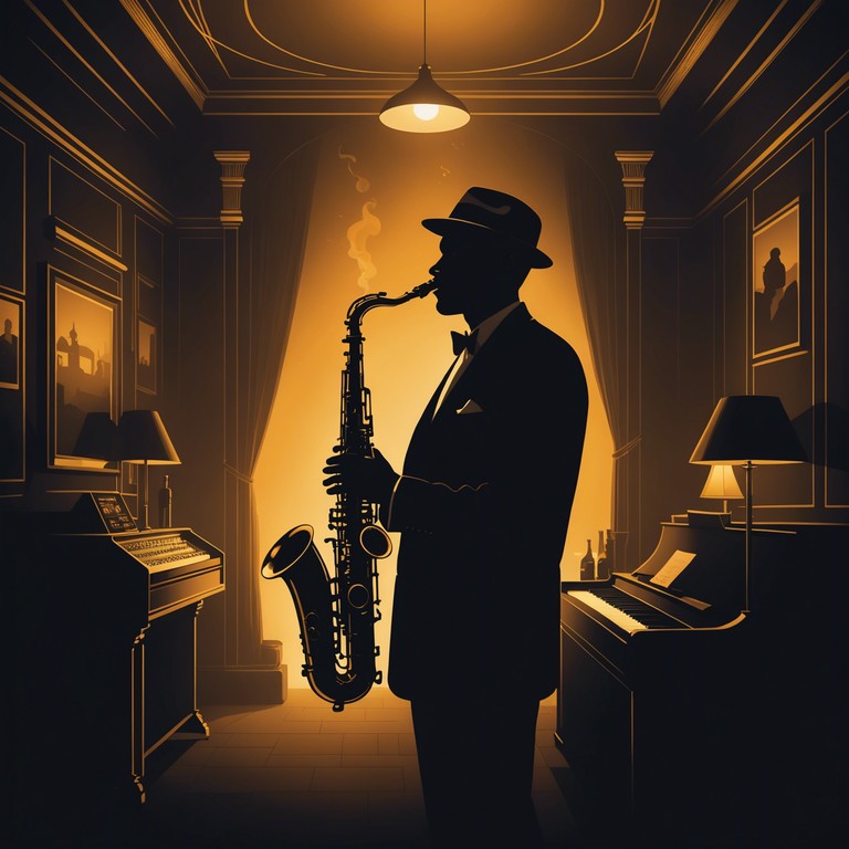 Imagine stepping through the velvet curtains into a world where jazz dominates the soundscape, whispering tales of forgotten romances and enigmatic encounters. The music, centered around the evocative tones of a saxophone, wraps around the listener like a warm, inviting mist, with layers of sound that suggest a night of stories untold.