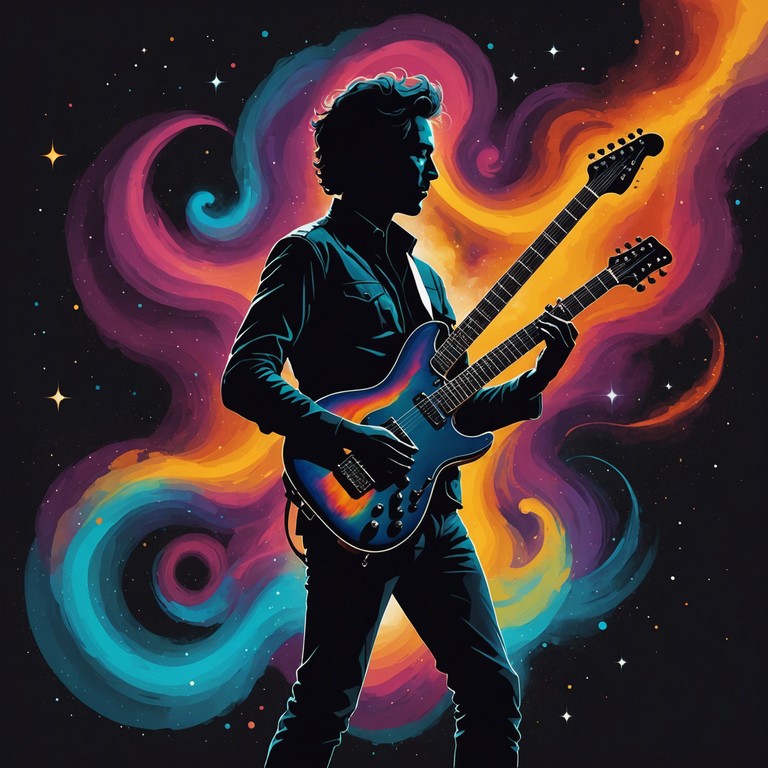 A bold and immersive track that embraces the essence of psychedelic rock with expansive, swirling sound textures. This instrumental composition captures the spirit of a transcendent journey across cosmic realms, featuring a powerful guitar performance that is both intricate and wildly expressive. The auditory experience simulates a voyage through space with dynamic shifts and an otherworldly atmosphere.