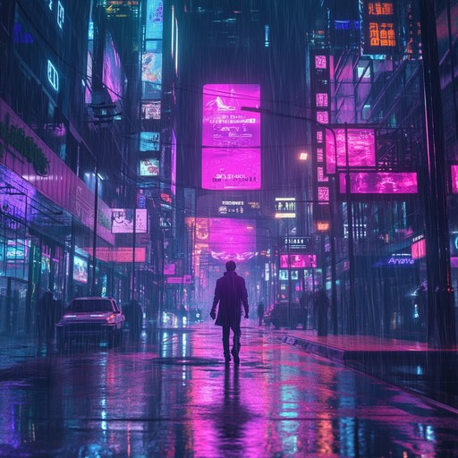 This synthwave composition evokes deep emotions as it wanders through a neon lit dystopian city. The track layers rich synthesizer sounds with a reflective beat, capturing the essence of futuristic yearning and nostalgic reverie in a bustling yet desolate urban environment.