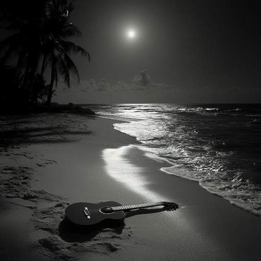 An instrumental bossa nova piece with haunting guitar melodies, echoing through the calm of moonlit beaches, invoking mystery and serenity.