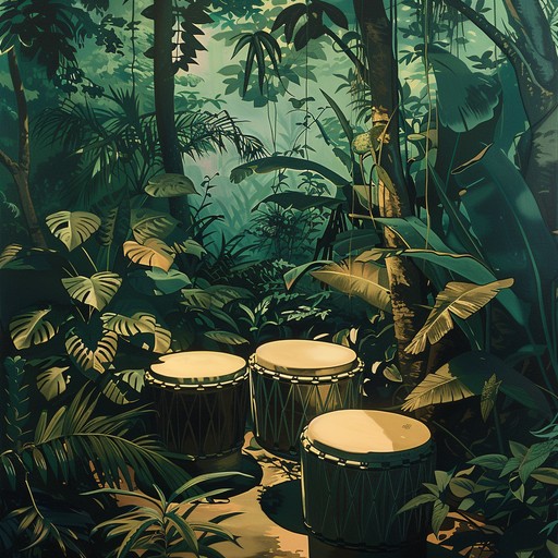 Feel the energy of vibrant rhythms set in an immersive jungle soundscape featuring traditional percussion to create an exotic beat that captivates with its wild and natural essence.