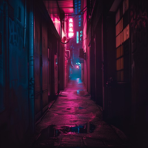 A pulsating synth melody drives the track with eerie, reverb heavy pads creating a dense and haunting atmosphere. Subtle electronic drums provide a steady but unsettling rhythm, evoking a sense of foreboding and nostalgia. The music paints a dark, neon lit shadow of an urban landscape, blending elements of suspense and retro futurism.