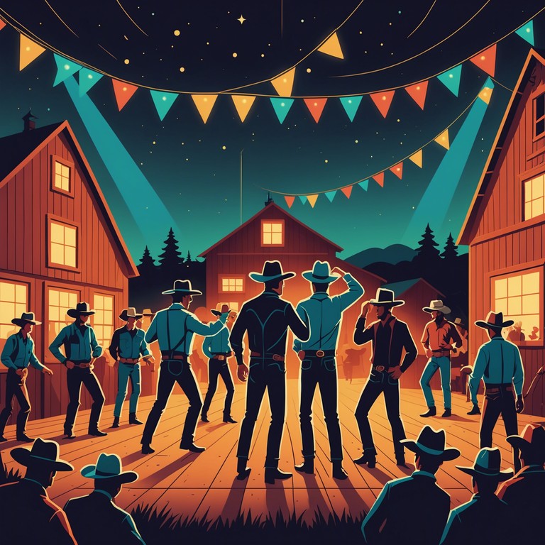 In a parallel universe where the wild west is dominated by dance offs instead of shootouts, cowboys and cowgirls engage in epic freestyle dance battles at the local barn, guided by the strums of a funky electric guitar.