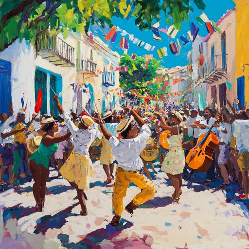 An upbeat samba track that captures the essence of a festive street party with dynamic rhythms, lively percussions, and infectious energy, evoking images of colorful parades and joyful crowds dancing under the sun.