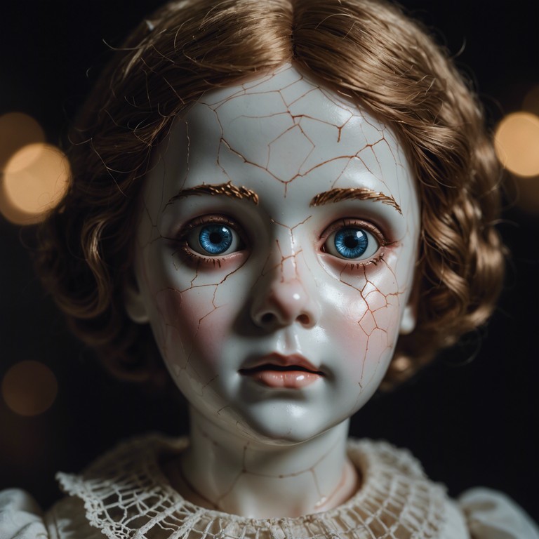 In a moonlit attic filled with victorian era dolls, the camera pans on a jewelry music box slowly opening, playing a haunting melody as the eyes of the dolls open to reveal glowing lights.