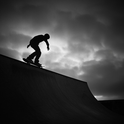 Picture a bustling urban skatepark as twilight descends, skaters performing daring tricks, their silhouettes painted against a cityscape sunset. Sounds of wheels on concrete blend with electric guitar riffs, creating a sense of unstoppable movement and freedom.