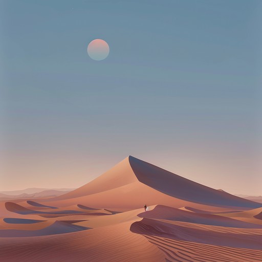 An enchanting fusion blending ethereal synths with traditional middle eastern instruments, creating a mesmerizing soundscape reminiscent of a mystical desert mirage. The piece begins with a gentle, haunting melody on the oud, gradually incorporating ambient synth textures, echoing duduk notes, and subtle desert percussion, conjuring images of shifting sands and hidden secrets.