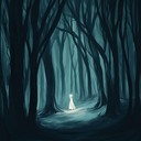 haunting melodies evoke children's whispers in shadowy enchanted forest.