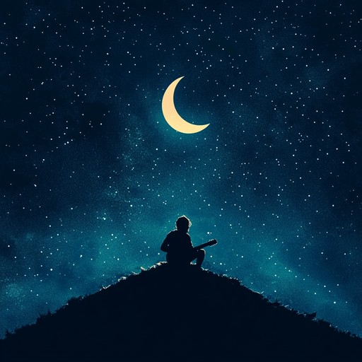 On a clear night with a crescent moon gently illuminating a serene landscape, a single blues guitar captures the essence of solitude and reflection. The slow strumming resonates with the quiet of the night, invoking deep emotional currents beneath the stars