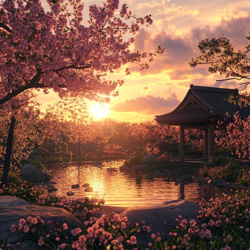 A reflective waltz merging traditional japanese shamisen with j pop elements, painting a vivid picture of cherry blossoms falling, embodying both melancholy and new beginnings