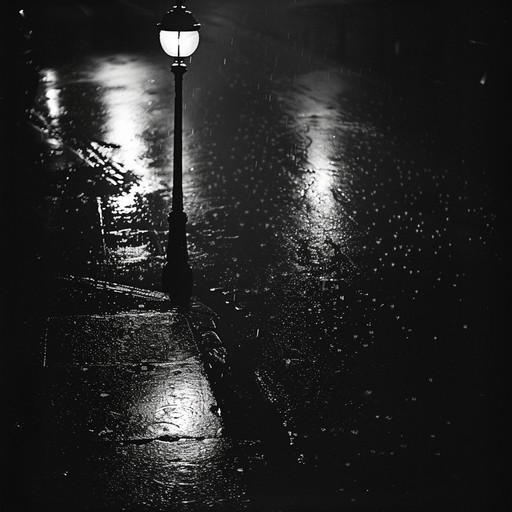 A midnight view of raindrops trickling, bathed in streetlight's glow, evoking a gentle sadness mingled with hope.