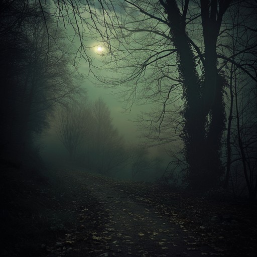 Walk through a haunting forest at night with mist and shadows providing an eerie backdrop. Synth tones, whispers, and rustling leaves create a thrilling ambient track full of suspense and mystery.