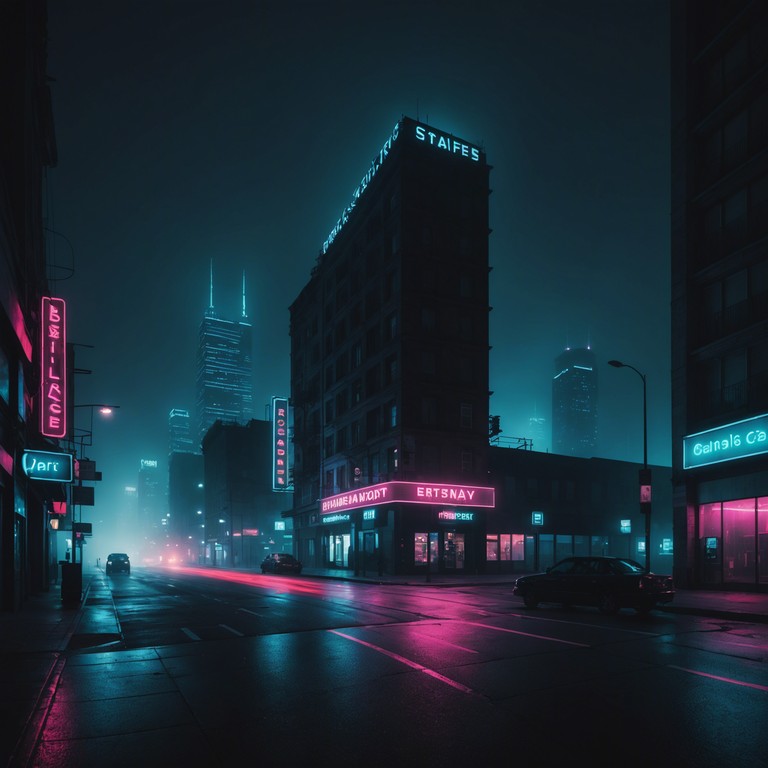 In a futuristic cityscape at midnight, swirling synthesizers and deep bass merge with sporadic high pitched chimes that echo like whispers from neon lit alleys. The music captures the essence of a cybernetic dream with a hint of thrilling encounters that lurk in the shadows, creating a narrative of exploration and enigma.