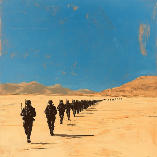 Experience a fusion of powerful military march rhythms with exotic eastern influences. The composition evokes the imagery of disciplined soldiers navigating vast, arid deserts, with intricate drum patterns and oriental melodies intertwining seamlessly