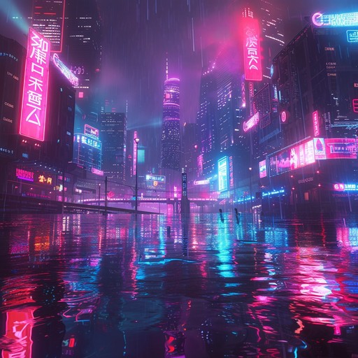 Immerse in a tranquil journey through glowing streets, serene cybernetic sounds