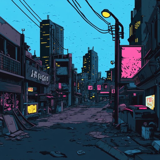 An instrumental future bass composition featuring gritty, distorted synth lines, deep bass, and heavy hitting drum patterns, evoking the atmosphere of a decaying urban landscape.