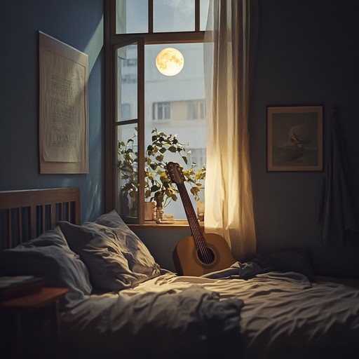 Glistening under the soft embrace of moonlight, tender guitar arpeggios weave through the air, creating a serene and heartfelt atmosphere. Melodic layers softly bloom like petals, evoking deep emotions and sweet nostalgia in a dreamy bedroom setting