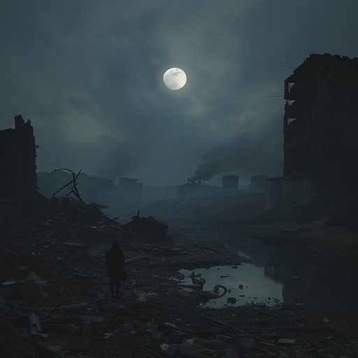 The haunting melody played on a distorted electric guitar echoes across the barren wasteland, accompanied by ominous synths, pounding drums, and eerie sound effects, creating an atmosphere of despair and impending doom