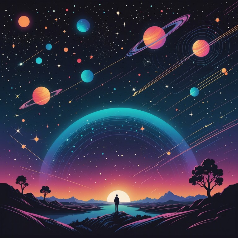 Transporting listeners to an otherworldly realm where the glam of yesteryears meets the enigmatic echoes of the universe, this track infuses ethereal synth textures with a vintage style that captures the essence of 70s glam integrated with a modern twist. The music builds a bridge between past and future, enveloping its audience in a captivating audio experience.