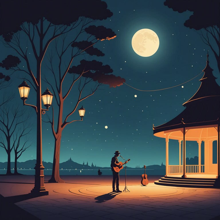 The alternative version carries a slightly softer dynamic, letting the guitar's melody play over a quieter rhythm section, focusing on the emotional pull of a tense night, adding layers of soft percussion that complement the haunting melody of the guitar. The setting remains a quaint, atmospheric plaza under a tense sky, where shadows cast long stories and the night whispers secrets.