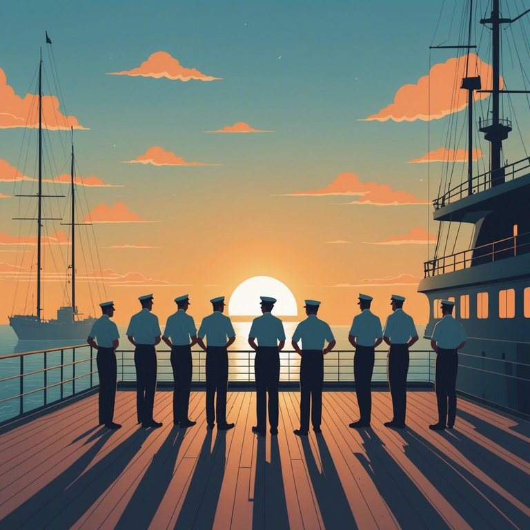 A rousing, energetic piece that evokes the indomitable spirit of the russian navy, featuring traditional instruments and a modern twist. It vividly paints a scene of sailors dancing joyfully on a ship's deck at sunrise, feeling hopeful and proud.