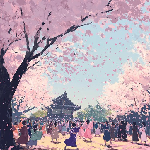 An upbeat anime instrumental piece that combines traditional japanese instruments with modern pop elements, creating a lively atmosphere reminiscent of dancing under cherry blossoms during a festival. The melody is catchy and uplifting, inspiring feelings of happiness and enthusiasm.