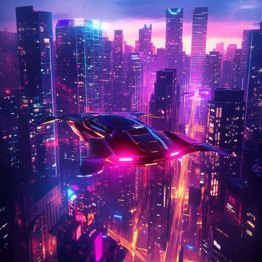 Cruise through neon lit futuristic cityscape with pulsating synth rhythms and ethereal leads, blending nostalgic elements and futurism for a cyberpunk dreamscape.