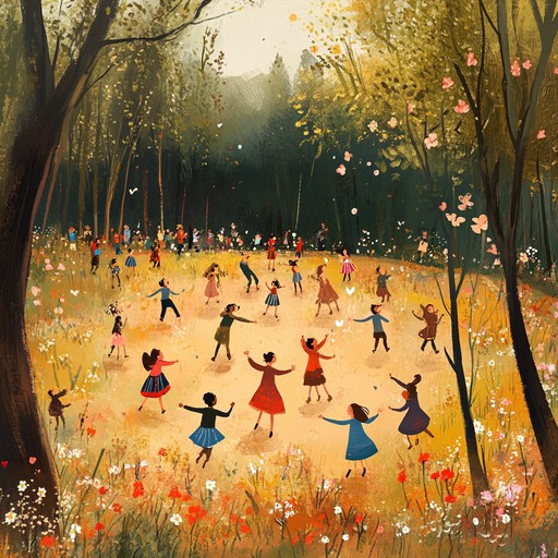 A spirited and sunny folk tune perfect for an outdoor dance festival, filled with lively strumming and cheerful melodies. The music captures the blissful essence of summertime gathering and shared moments of joy, making it ideal for celebrations under the sun