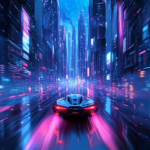 Experience an exhilarating synthwave track that propels listeners through the pulsating heart of a futuristic neon metropolis, with driving rhythms, soaring synth melodies, and a dynamic energy that evokes electrifying cityscapes and high speed night drives.