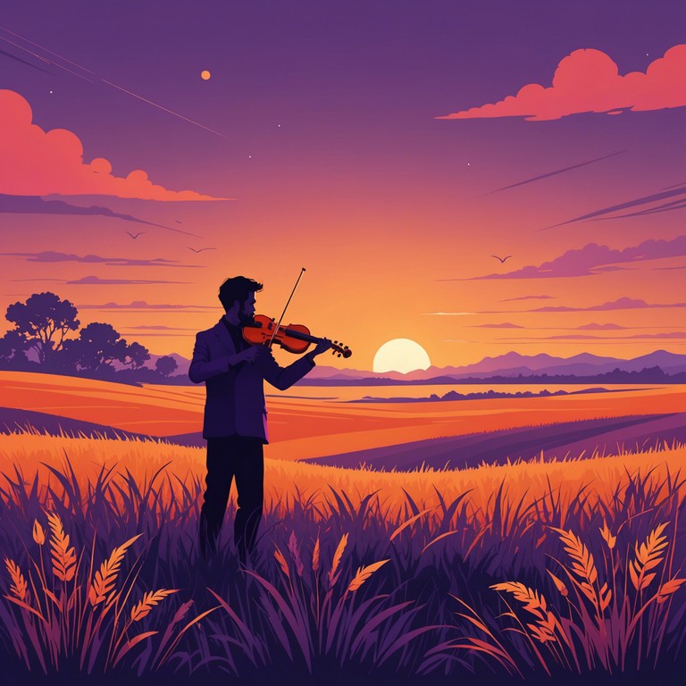 Imagine standing at the edge of a vast prairie as the sun dips below the horizon; the air is filled with the lively sounds of a violin that speaks to the soul, complemented by the robust, earthy tones of acoustic bluegrass elements, creating a dance of shadows and light in the grass.