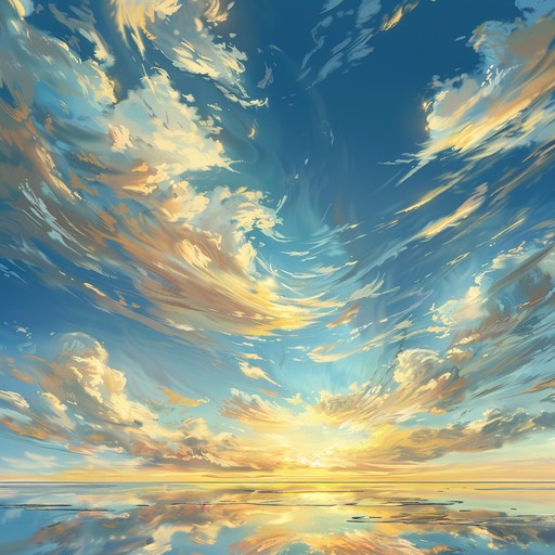 Illustrate boundless sky reflections with shimmering melodic arpeggios that weave through ethereal echoes and uplifting crescendos. The music embodies an expansive journey, perfect for artistic inspiration and accurate reflection. Gentle piano tones progress, creating a dreamy, hopeful, and enchanting atmosphere.