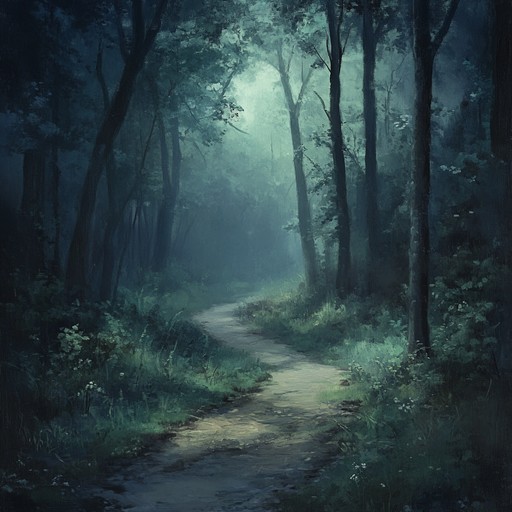 Explore a tranquil woodland during twilight, with gently flowing synths and nature sounds, capturing the serene shift from day to night, enveloping listeners in a harmonious blend of the earthly and the ethereal