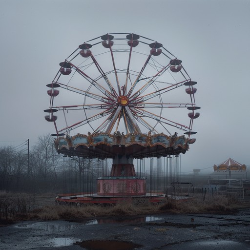 The eerie tune echoes through an abandoned carnival, creating a sense of unease and foreboding. The once lively and colorful attractions now stand silent and dilapidated, as the calliope's distorted notes reverberate through the empty grounds. The music box-like quality of the instrument adds to the uncanny atmosphere, evoking images of forgotten childhood memories and lost innocence.