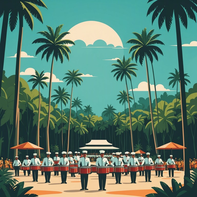 Exploring deeper into the sonic jungle, this version focuses on the echoic qualities of drum beats as they resound through a lush, tropical forest canopy, merging natural ambience with the compelling force of military rhythms.