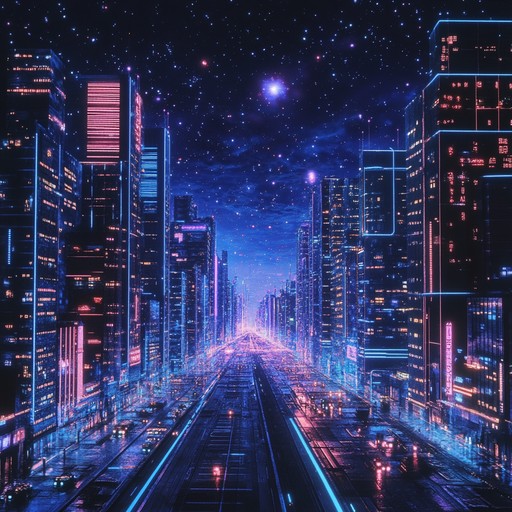 An instrumental track that blends dreamy synthesizers with cyberpunk rhythms, taking listeners on an ethereal journey through neon lit cityscapes of a futuristic world.