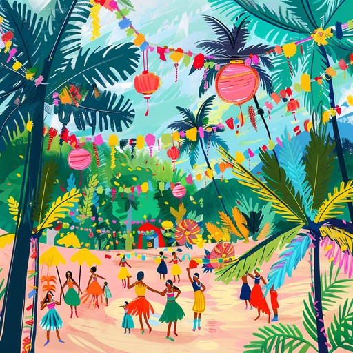 An exuberant, celebratory composition with rhythmic congas, a lively marimba, and spirited trumpet, capturing the essence of a festive, whimsical tropical fiesta.