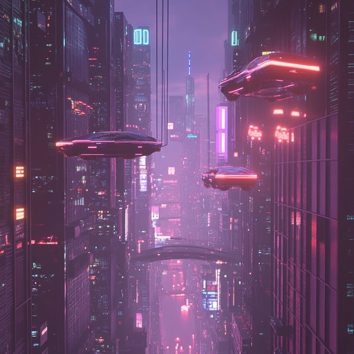 Imagine a high speed pursuit through a sprawling cyberpunk metropolis, flashing neon signs, and a spectrum of colored lights. The background pulsates with complex rhythms, while robotic leads blare out electrifying melodies. Heavy basslines and sharp snare hits increase the tension, crafting an exhilarating auditory experience.