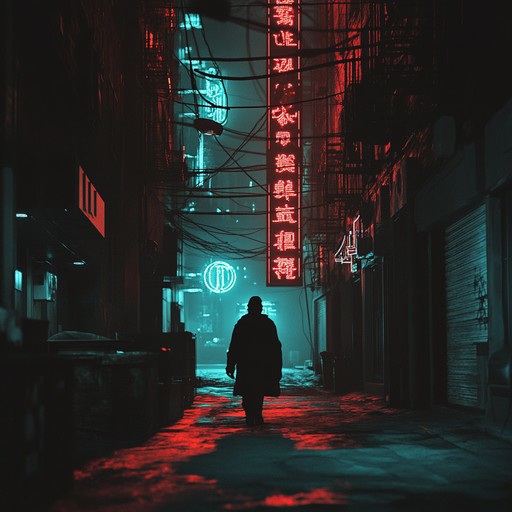 Experience a captivating synthwave odyssey delving into the allure of neon lit nights and shadowy figures