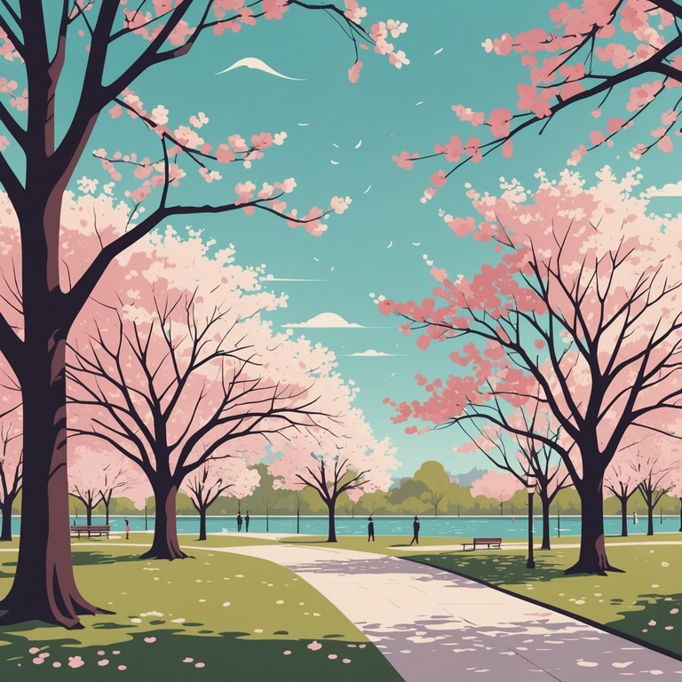 A gentle instrumental piece that uses the harmonic tones of a koto to illustrate a peaceful, yet emotionally deep scene under blooming cherry blossoms, alongside flowing waters and the distant murmur of the city.