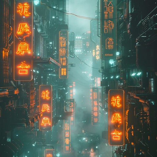 Mechanical rhythms and eerie synths building tension in a dystopian city with neon hues.