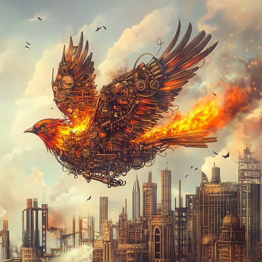 An instrumental piece that fuses the soulful melodies of flamenco guitar with steampunk inspired mechanical sounds, portraying the dramatic rebirth of a phoenix in a clockwork world.