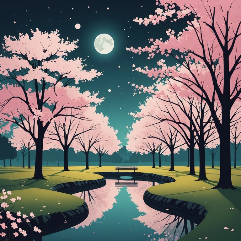 A melodious, soft instrumental track capturing the essence of a romantic evening under a sky full of cherry blossoms. The music flows like a gentle stream, imbued with feelings of love and tender thoughts, perfect for reflective moments or a serene night walk. The arrangement centers on the delicate sounds of the koto, complemented by subtle background strings to enhance the romantic atmosphere.