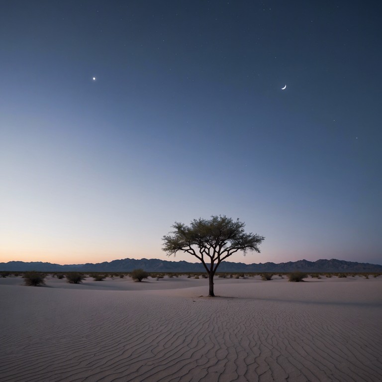 A serene instrumental track that conjures images of a tranquil desert at twilight, using subtle middle eastern rhythms and scales to evoke a sense of peaceful solitude and mystical allure. The music is designed to transport the listener to a breezy evening under a starlit sky, with soft sands whispering tales of the ancient lands.